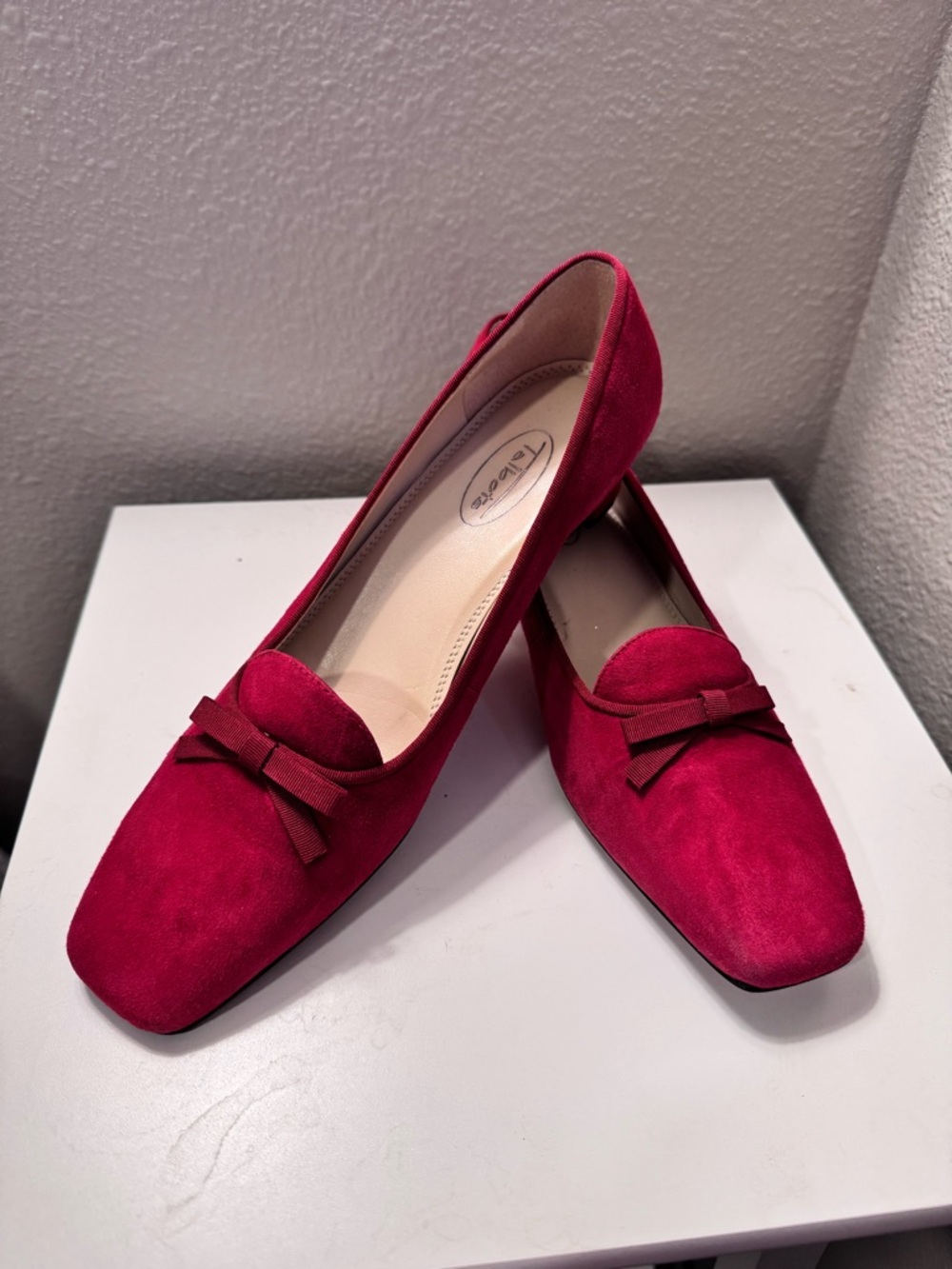 Talbots Crimson Suede Bow-Accent Square-Toe Heels